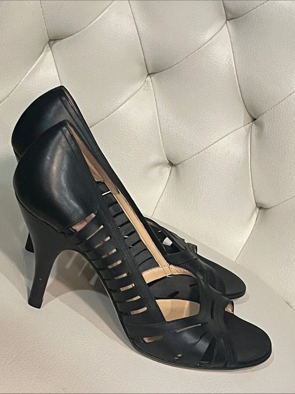 KORS Michael Kors Black Leather Peep-Toe Heels Pump 8.5